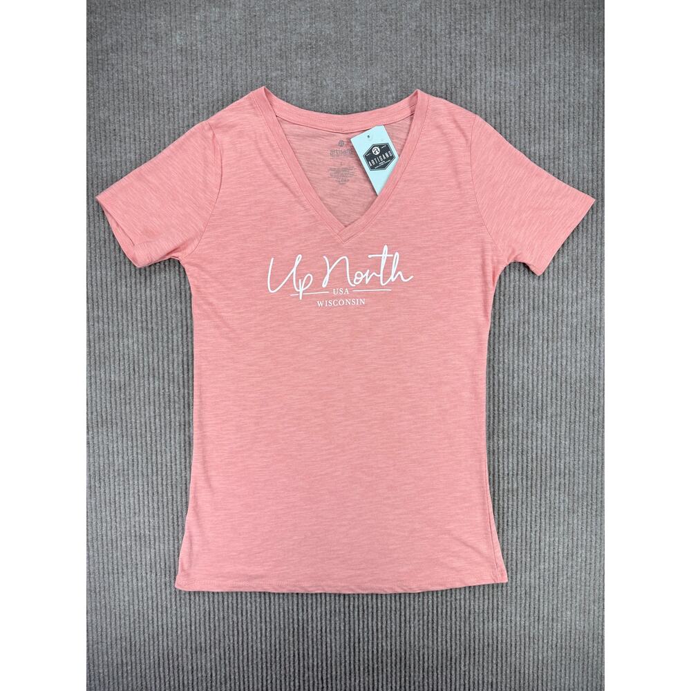 Artisans Up North Wisconsin V-Neck T-Shirt Peach Pink Slub Knit Large NWT - Picture 2 of 9